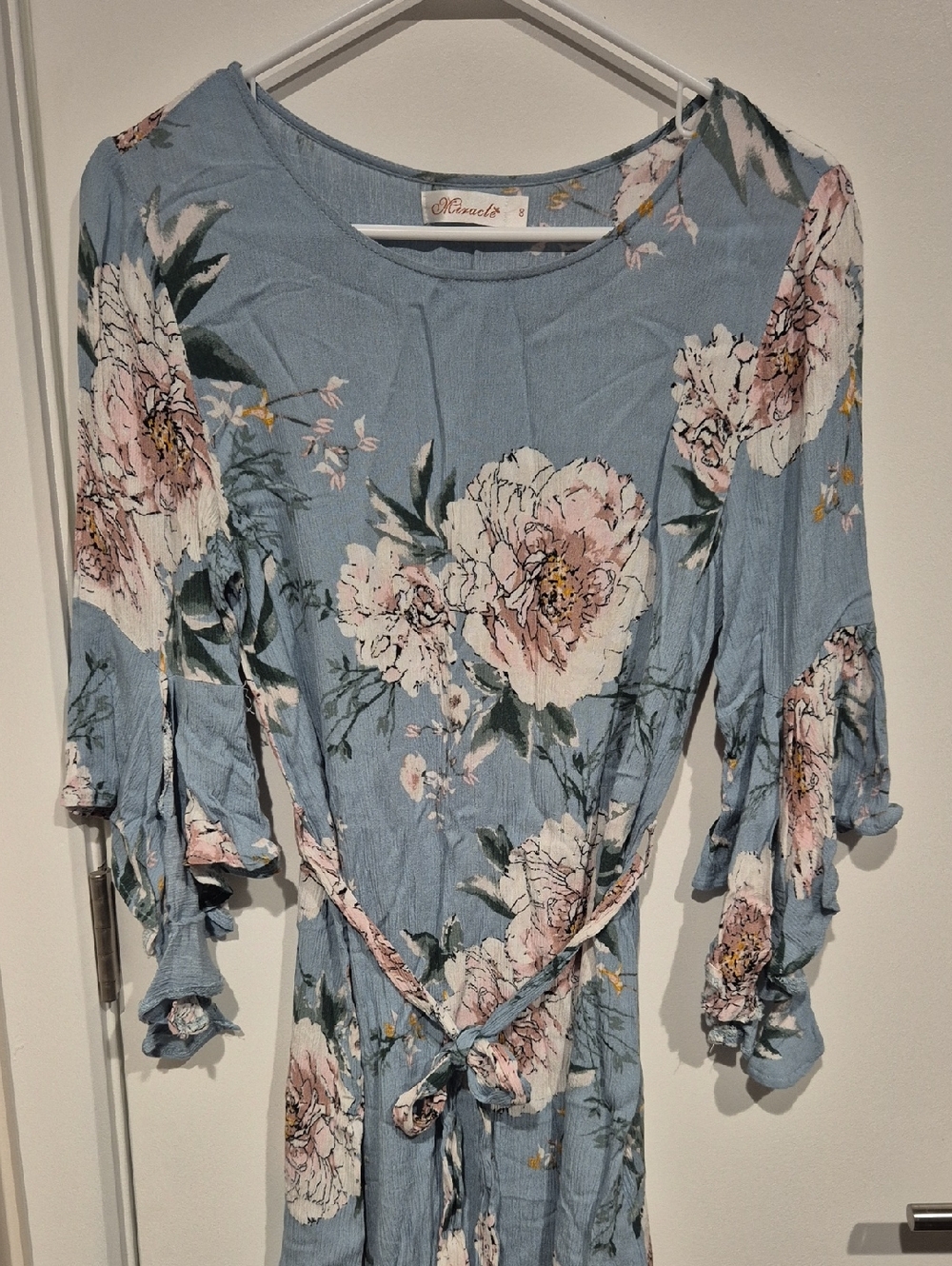 Blue Floral Tie-Waist Women's Dress